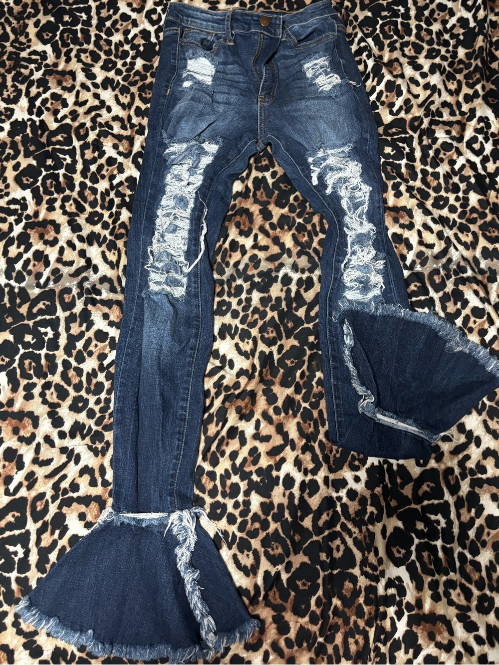 Dark Blue Distressed Flare Jeans - Women